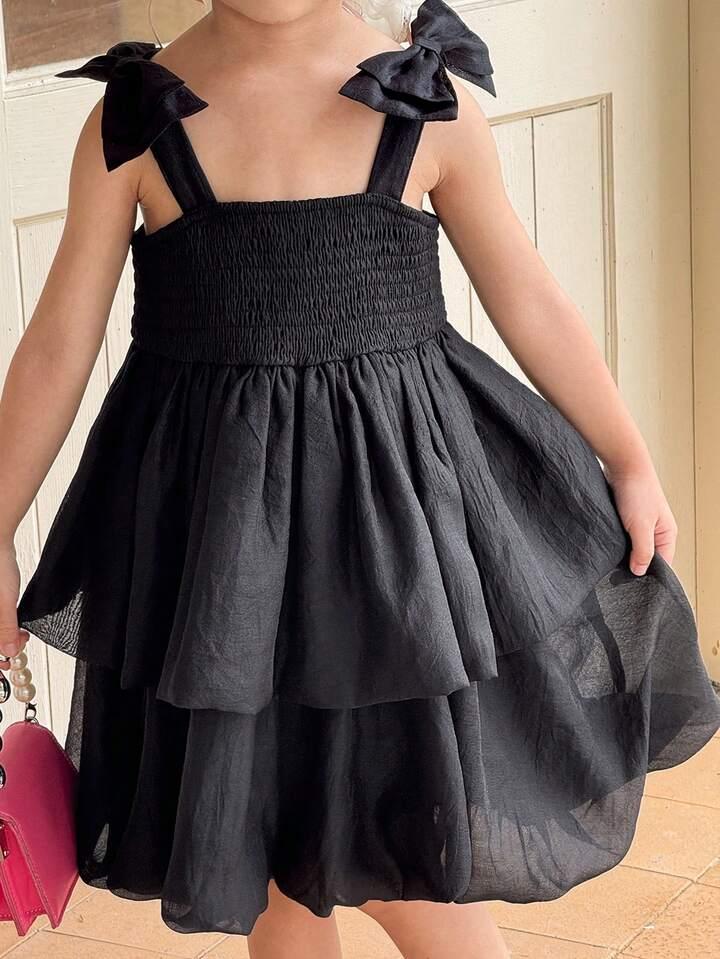 Oung Girl Elegant Patchwork Jacquard Organza, Mesh Dress, Bow Decoration On The Shoulder Cake Dress, L