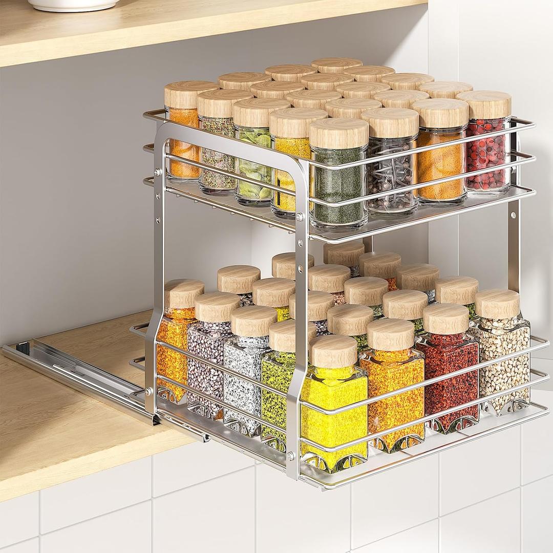 PanPanPal Pull Out Spice Rack Organizer for Inside Cabinet, 2 Tier Metal Spice Organization for Cabinet, Vertical Slide Out Seasoning Organizer, 9.65"W x 10.7"D x 10.24" H (Not for Cabinet with Lip) (Silver)
