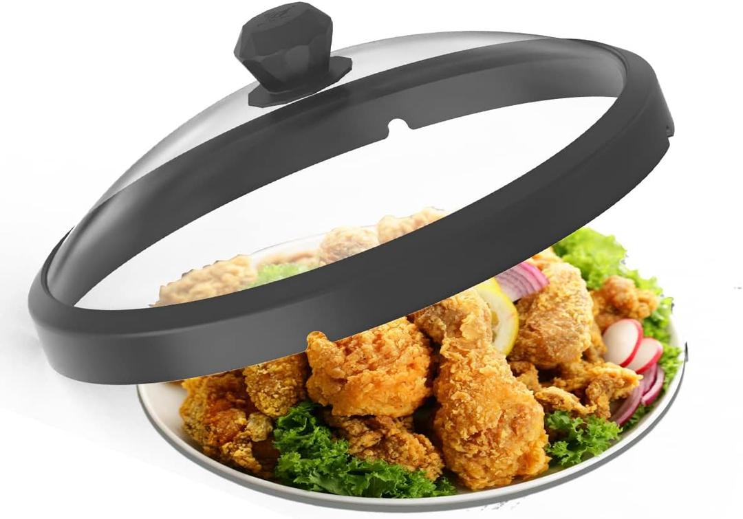 Microwave Glass Cover Splatter Guard Lid with Anti-scald Silicone Handles and Vented Edge for Food Pot Plate Cover 10.5 inch, Black