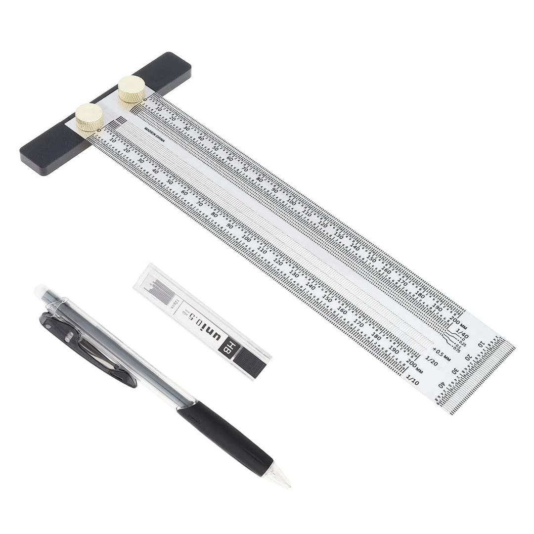 Precision Marking T-Rule Stainless Steel T Square with Mechanical Pencil & 0.5mm Refill Scribing Line Ruler for Marking or Measuring, for Carpenters, Designers, Architects, Engineers 200mm