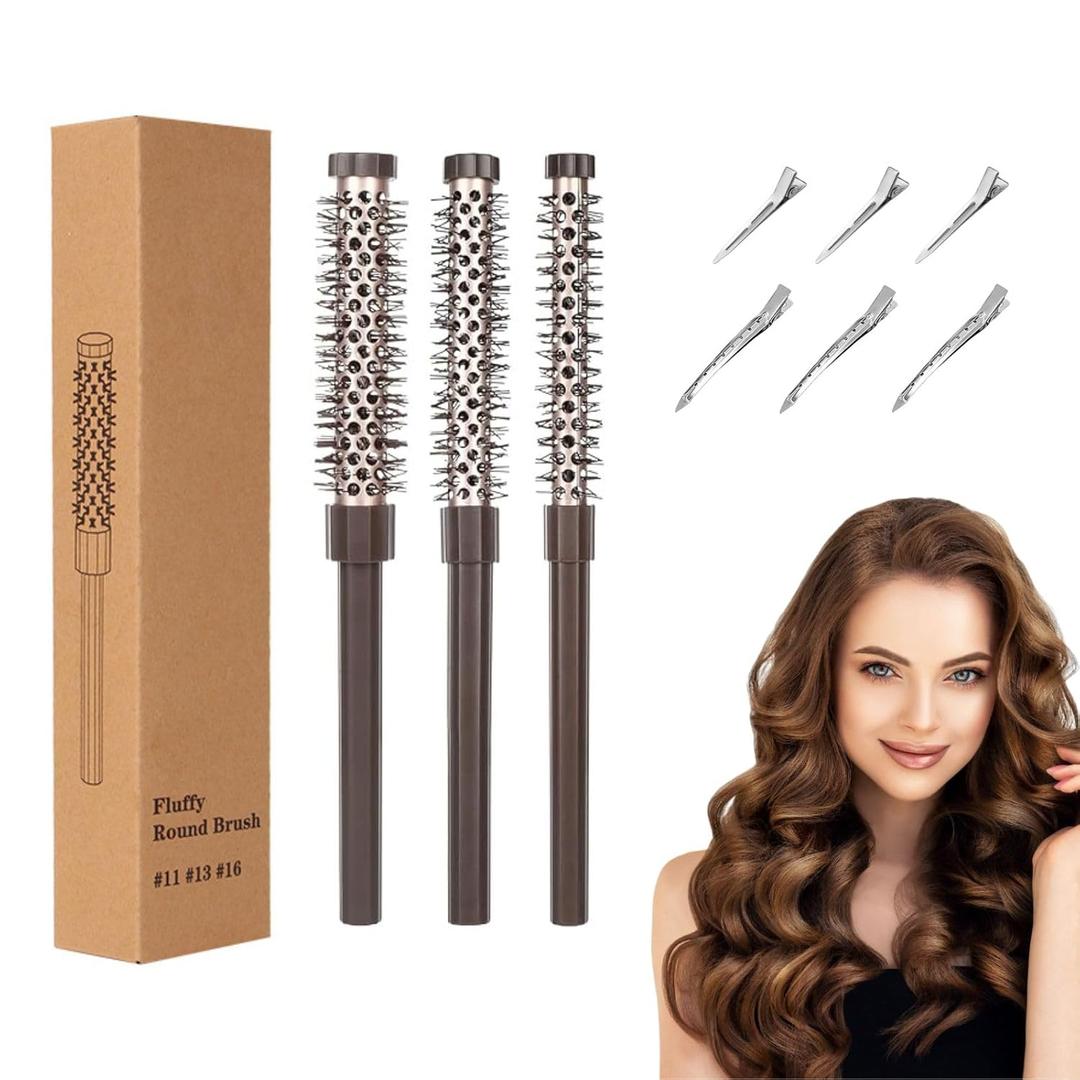 3 Pieces Small Round Brush for Blow Out, Mini Quiff Roller with 6 Hair Clip, Curling Roll Comb of Different Sizes, Small Round Hair Brush for Women Men Short Hair, Bangs, Curling Style, Straight