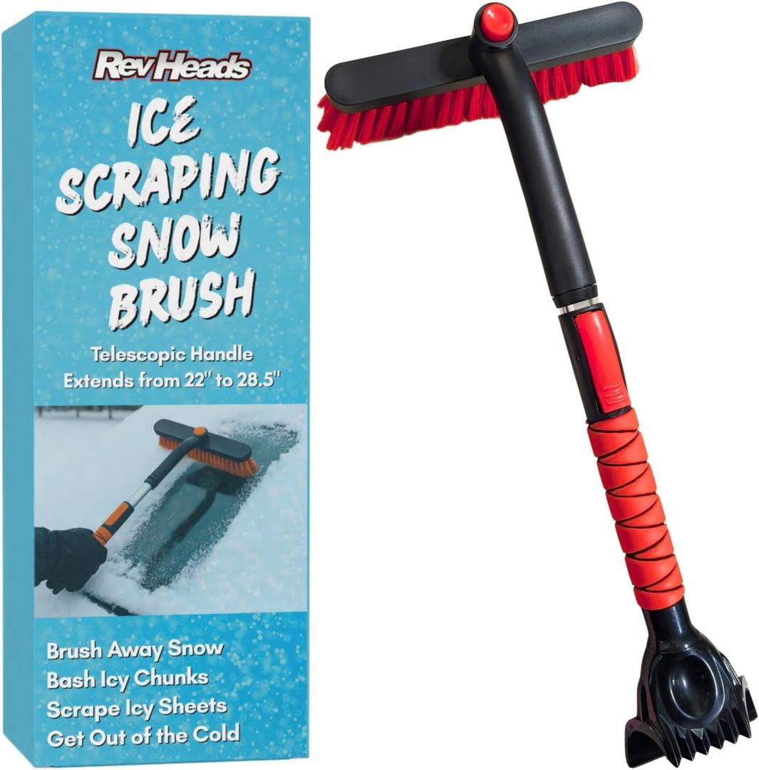 RevHeads Ice Scraper for Car Windshield with Snow Brush - Telescopic Handle to 28" - Brush End to Clear Snow, Chisel Side for Frost, Claw Side for ICY Chunks