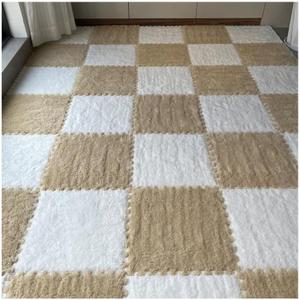 12 Pieces Thickened Plush Foam Interlocking Floor Mat,Fluffy Square Foam Tiles with 12 Edgings,Soft Anti-Slip Puzzle Area Rug Playmat for Bedroom,12X12inch,12 Tiles/11.6 Sq.Ft,Camel+White
