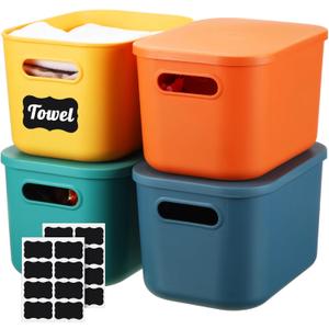 Tanlade 8 Pcs Plastic Storage Bins Stackable Baskets with Lid and Handle Colorful Desktop Storage Box Cubby Containers for Shelf Bedroom Office, Include 1 Erasable Marker, 16 Stickers (10 x 7 x 6 In)