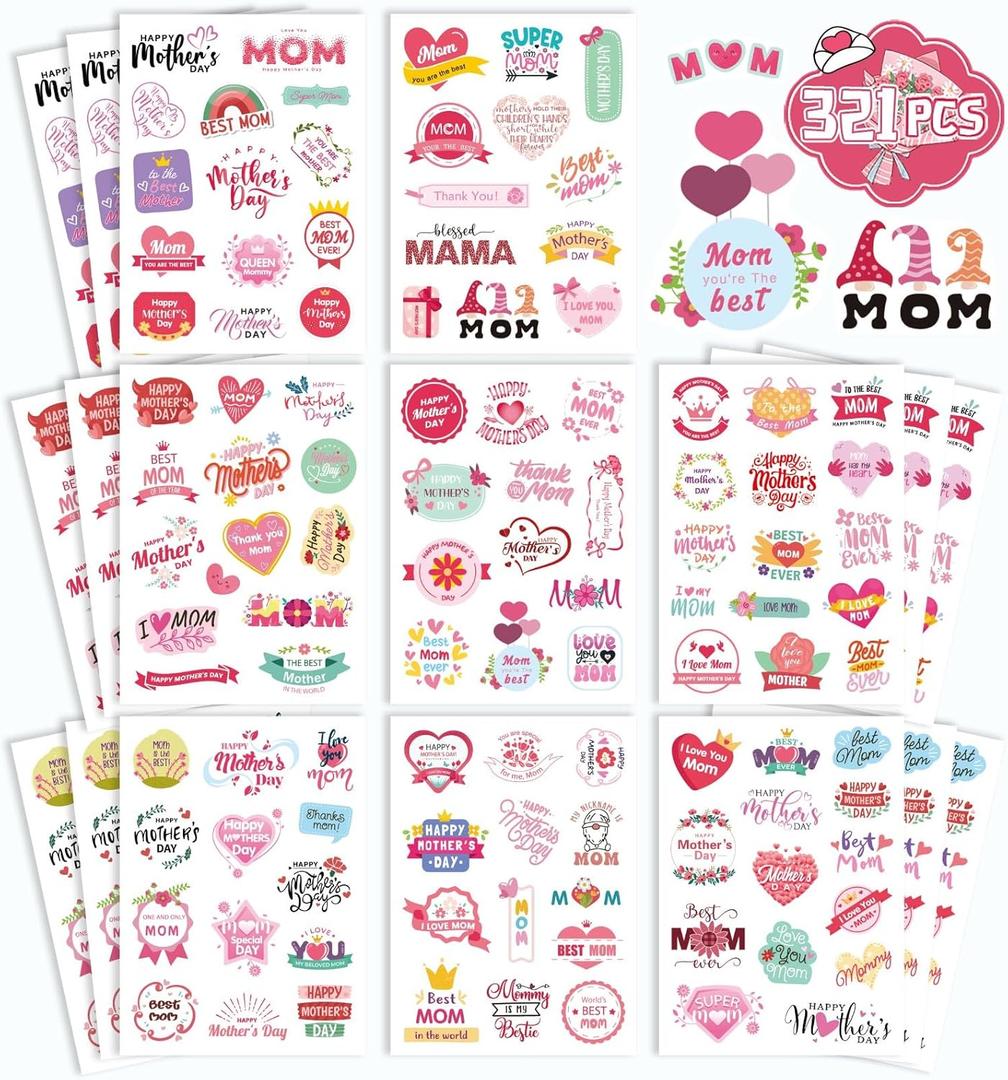 Happy Mothers Day Stickers, 321Pcs Mother's Day Stickers, Mom Stickers, Mothers Day Gifts Cards Lables