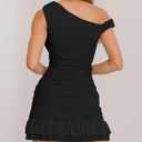 Women Sexy Off Shoulder Mini Dresses Bodycon Ruched Ruffle Hem Club Party Short Dress (S)
