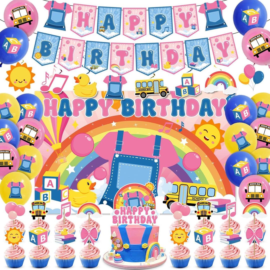45 Pcs English Teacher Birthday Decorations, Pre-Assembled Cartoon Teacher Birthday Party Decorations for Fans, Includes Banner, Hanging Swirls, Backdrop, Balloons & Cake Topper