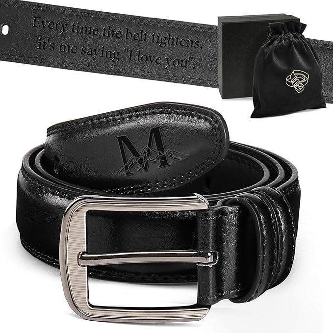 Aganmi Personalized Dad Gifts from Daughter Son Mens Leather Belt, Unique Men's Belt Fathers Day Thanksgiving Christmas Birthday Gifts for Men Father New Dad Papa (Letter A, 41 IN)