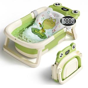 BUNWAG Baby Bathtub, Collapsible Newborn Bathtub for Infant to Toddler with Soft Cushion and Thermometer,Portable Travel Newborn Tub with No-Slip Feet, Baby Shower Gifts, 0-12 Months Baby Bath, Green