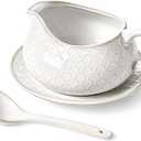 LE TAUCI Gravy Boat with Ladle and Saucer Stand 24oz, Ceramic Sauce Boat with Tray for Salad Dressings, Creamer, Broth, Black Pepper, Set of 1, Arctic White, Firework