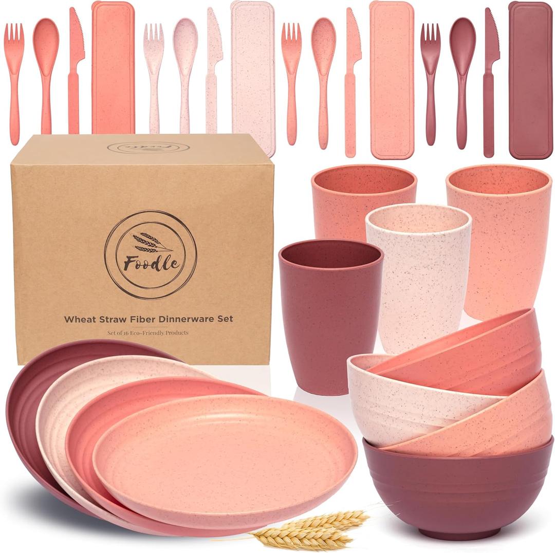FOODLE Wheat Straw Dinnerware Set - BPA Free & Safety Tested - Unbreakable, Microwave & Dishwasher Safe Dishes - Toddler & Kids Plates and Bowls Sets - College Dorm Room Essentials for Girls - For 4 (Pink)