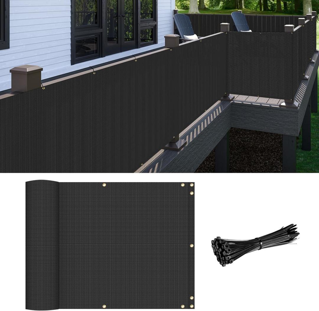 Patio Balcony Privacy Screen Black, 2.5' x 12' Screen Mesh Railing Cover for Apartments, Outdoor Privacy Screen with Zip Ties for Deck Shade Backyard Fence Panel Temporary Porch Fencing