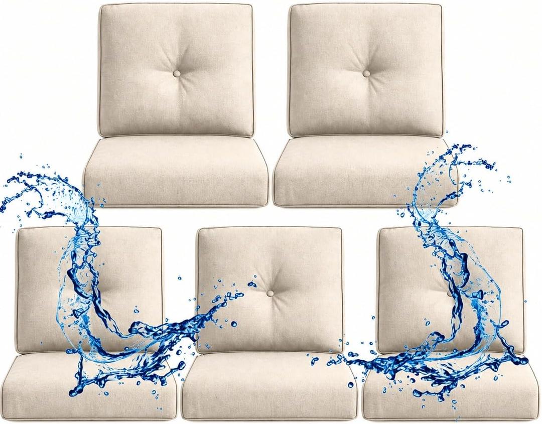 Outdoor Wicker Chair Replacement Cushions Set of 5, 4" Thick Waterproof Removable Patio Furniture Seat Cushion and High Back, 22 x25 Inch Chairs Loveseat Couch Sectional Sofa with Zipper, Beige, 5 Pack