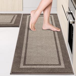 Kitchen Rugs Set (24" x 36"+24" x 60"), Non-Slip Machine Washable Kitchen Runner Rugs Floor Mats, Absorbent Comfort Standing Mats for Kitchen, Sink and Hallway, Rolled Packaging, Beige & Grayish Brown