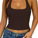 ForeFair Racerback Tank Tops for Women - Double Lined Halter Top Cute Square Neck Sleeveless Basic (Small, Brown)