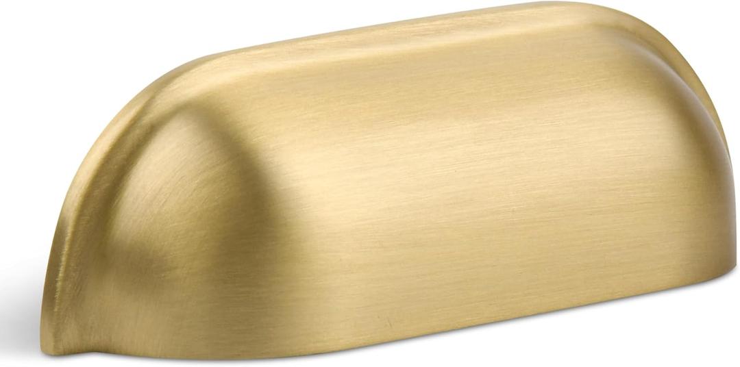 SALISENG-Brushed Gold Kitchen Cabinet Drawer Cup Pulls, 5 Pack 2-1/2 inch Solid Brass Cup Knobs for Cabinet Cupboard Wardrobe, Classic Dresser Vanity Door Handles, Brass Furniture Hardware Pull