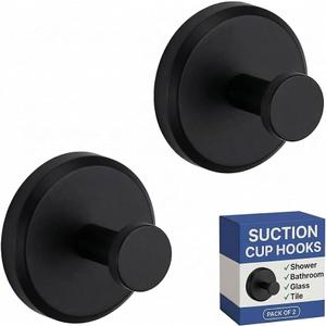 HOME SO Suction Cup Hooks for Shower & Bathroom Towel Holder 2-Pack Suction Cups Hooks for Hanging Towels, Robes, & Coats - Tiles, Glass Door or Mirror Shower Hooks & Towel Hooks Organizer - Black