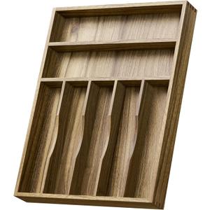Acacia Wood Silverware Drawer Organizer, Kitchen Utensil Cutlery Drawer Organizer with Grooved Dividers, Flatware Organizer Silverware Tray Holder for Spoon, Fork, 13''x16.9'' (7 Slots)