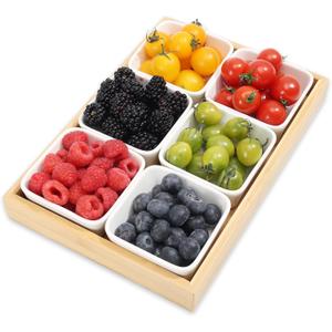 Ceramic Snack Bowls with Bamboo Tray Set,Divided Serving Bowls and Platters for Hosting & Party,Removable Serving Dishes for Chips and Dip,Fruit,Veggies,Candy and Snacks Kitchen Decor (6)