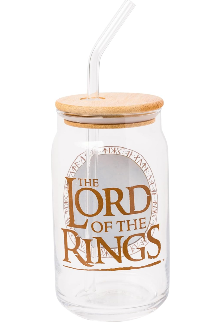 Silver Buffalo Lord of the Rings Hobbiton Glass Jar Tumbler with Bamboo Lid and Glass Straw, 16 Ounces