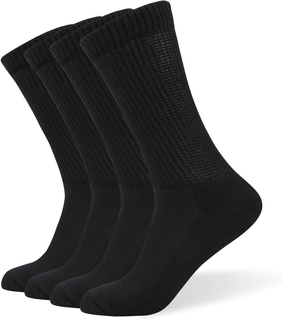 Well Knitting Loose Men's Diabetic Crew Socks,Non-Binding Top,Seamless Toe,Semi Cushion,Breathable Soft Coolmax Socks 4 Pairs (Large)