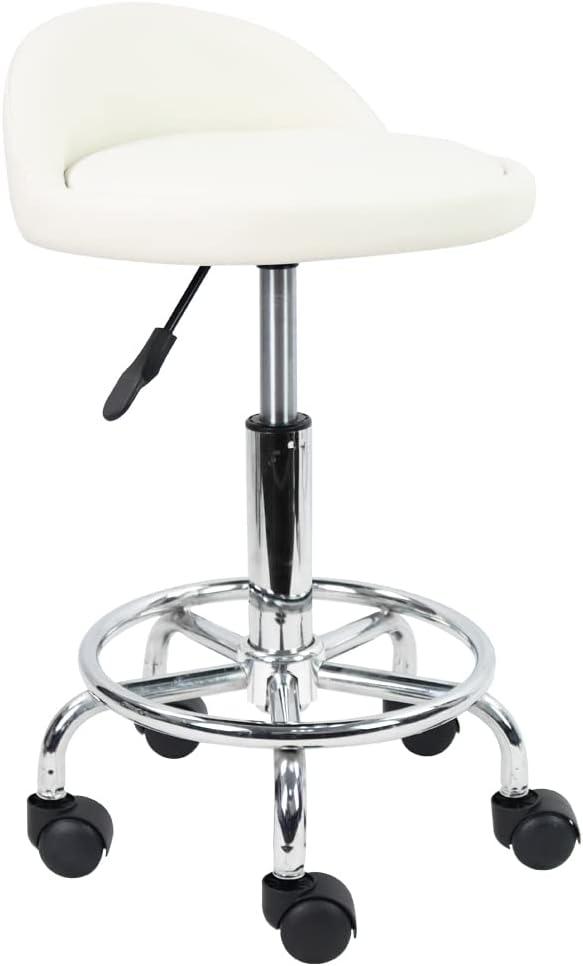 KKTONER PU Leather Round Rolling Stool with Foot Rest Height Adjustable Swivel Drafting Work SPA Task Chair with Wheels (White)