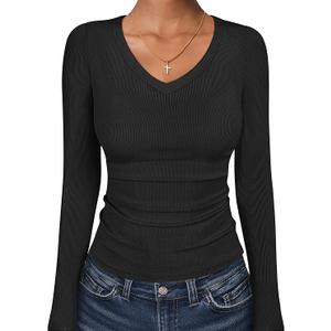 ANRABESS Long Sleeve Shirts for Women V Neck Ribbed Knit Fitted Fall Basic Tshirts Going Out Tops S