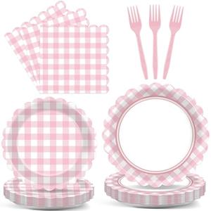 80 Pcs Pink Plaid Party Supplies Scalloped Paper Plates and Napkins Pink and White Plaid Disposable Tableware Checkered Party Decorations for Girls Women Birthday Picnic BBQ Baby Shower Serves , there are no forks