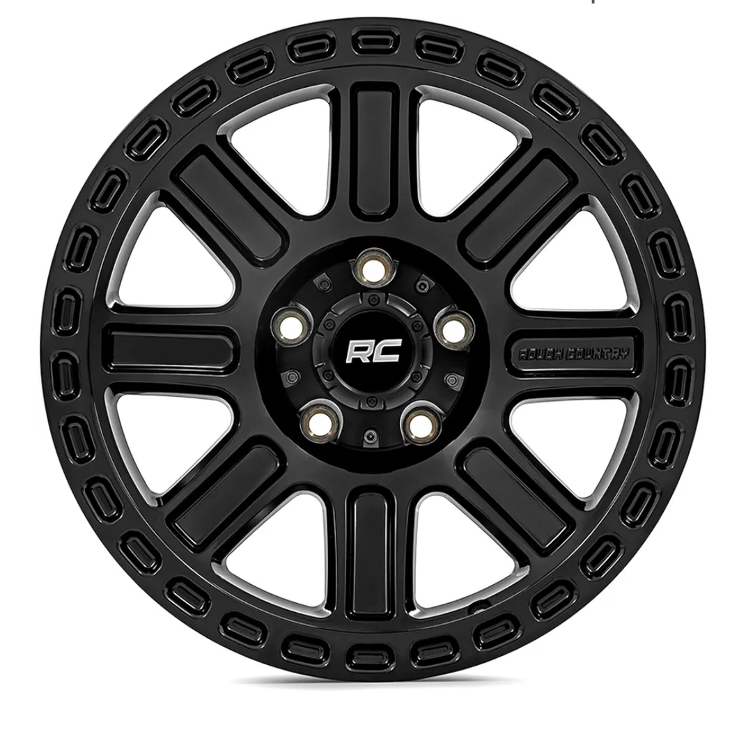 Rough Country 84 Series Wheel - 15 x 8, 5x5.5" Bolt Pattern, 19mm Offset, Gloss Black, 8-Spoke, Rugged One-Piece Aluminum Rim with Black Center Cap
