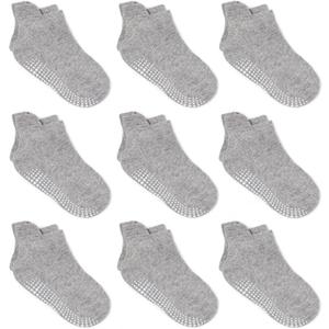 Zaples Baby Non Slip Grip Ankle Socks with Non Skid Soles for Infants Toddlers Kids Boys Girls (1-3T, Gray - 9 Pairs)