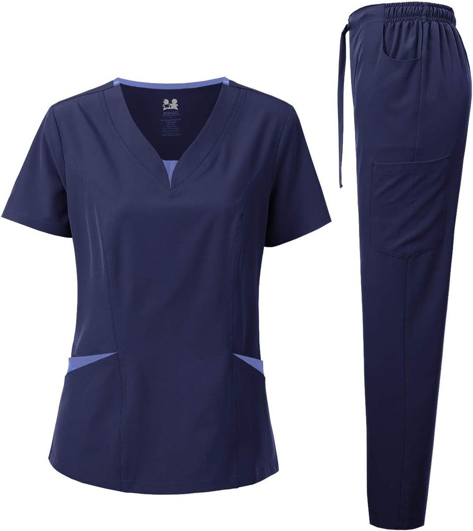 Dagacci Medical Uniform Women's Scrubs Set 4-Way Stretch Split Contrast Net V-Neck Scrub Top and Pants (Large)