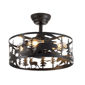 Farmhouse Caged Ceiling Fans with Lights and Remote Control,Rustic Black Chandelier Fan with Bear Deer Design,Flush Mount Low Profile Fandelier for Bedroom,Dining Living Room,Foyer