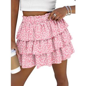Caracilia Summer Skorts for Women Flowy High Waist Ruffle Tiered Mini Skirts 2026 Casual Beach Vacation Skirt Built-in Shorts (X-Large, Pink White Floral)