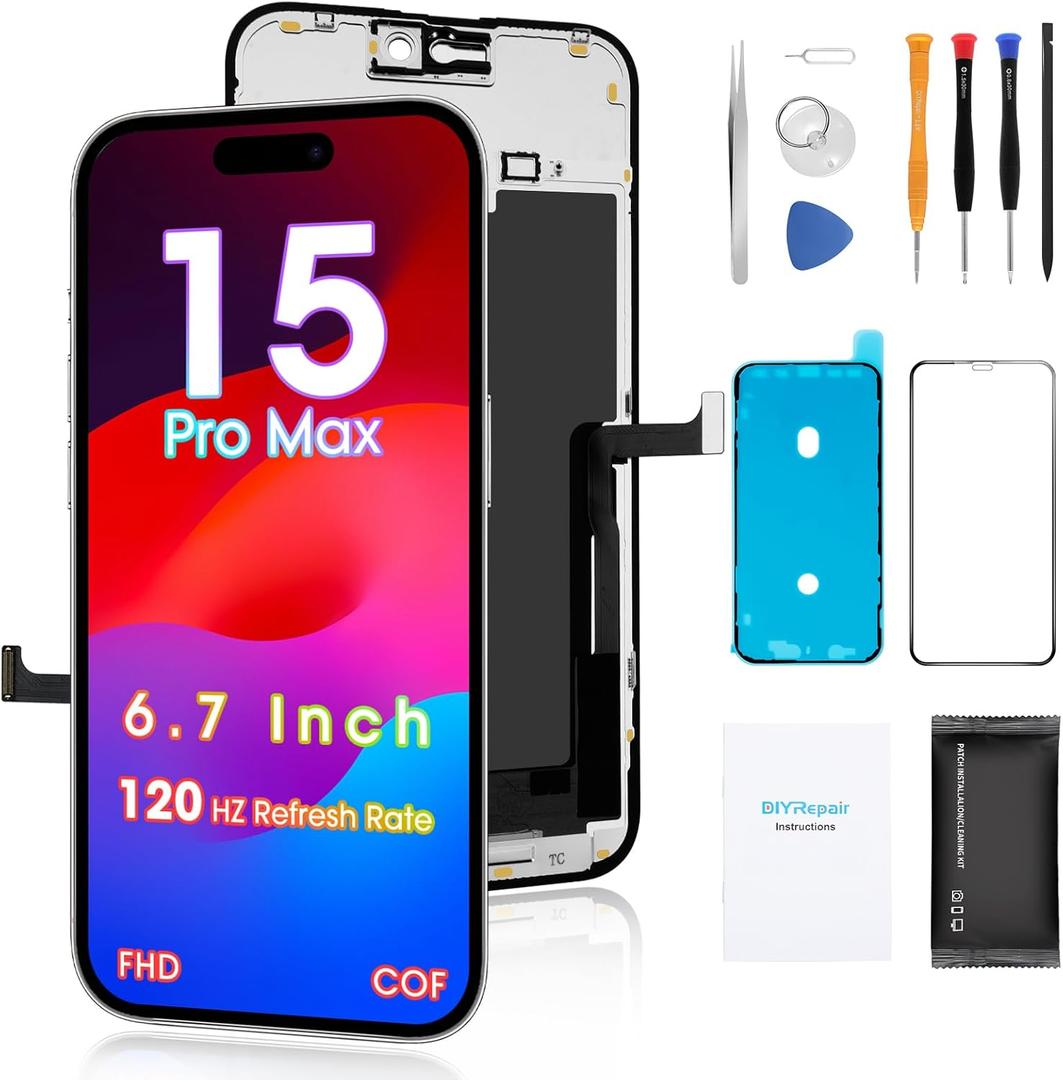 Screen Replacement for iPhone 15 Pro Max 6.7', 3D Touch Display Full Repair kit, Digitizer Assembly with Tools Set, Tempered Glass, Instruction