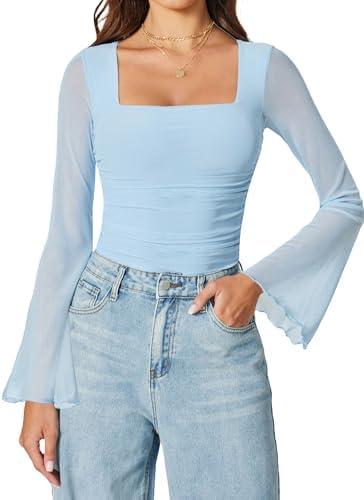 Avidlove Bodysuits for Women Long Bell Sleeve Mesh Square Neck Body Suits Going Out Ruched Bodysuit Tops Concert Outfits, Size XXL