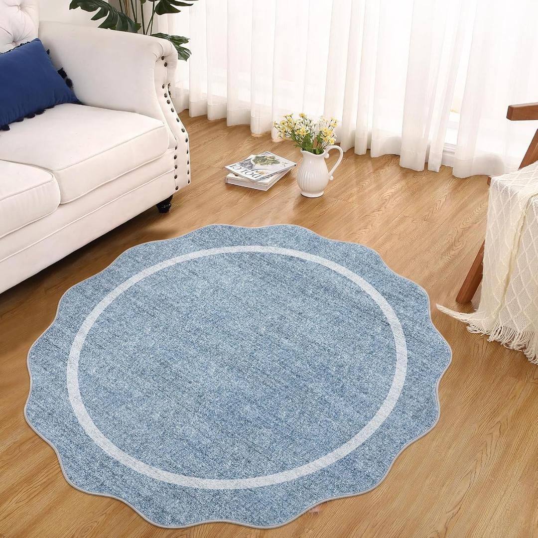 GarveeHome Scalloped Washable Round Rugs, Non-Slip Soft Round Rug 4ft Ultra-Thin, Small Boho Circle Stain Resistant Low Pile Carpet for Entryway Kitchen Bedroom Nursery Bathroom, Blue