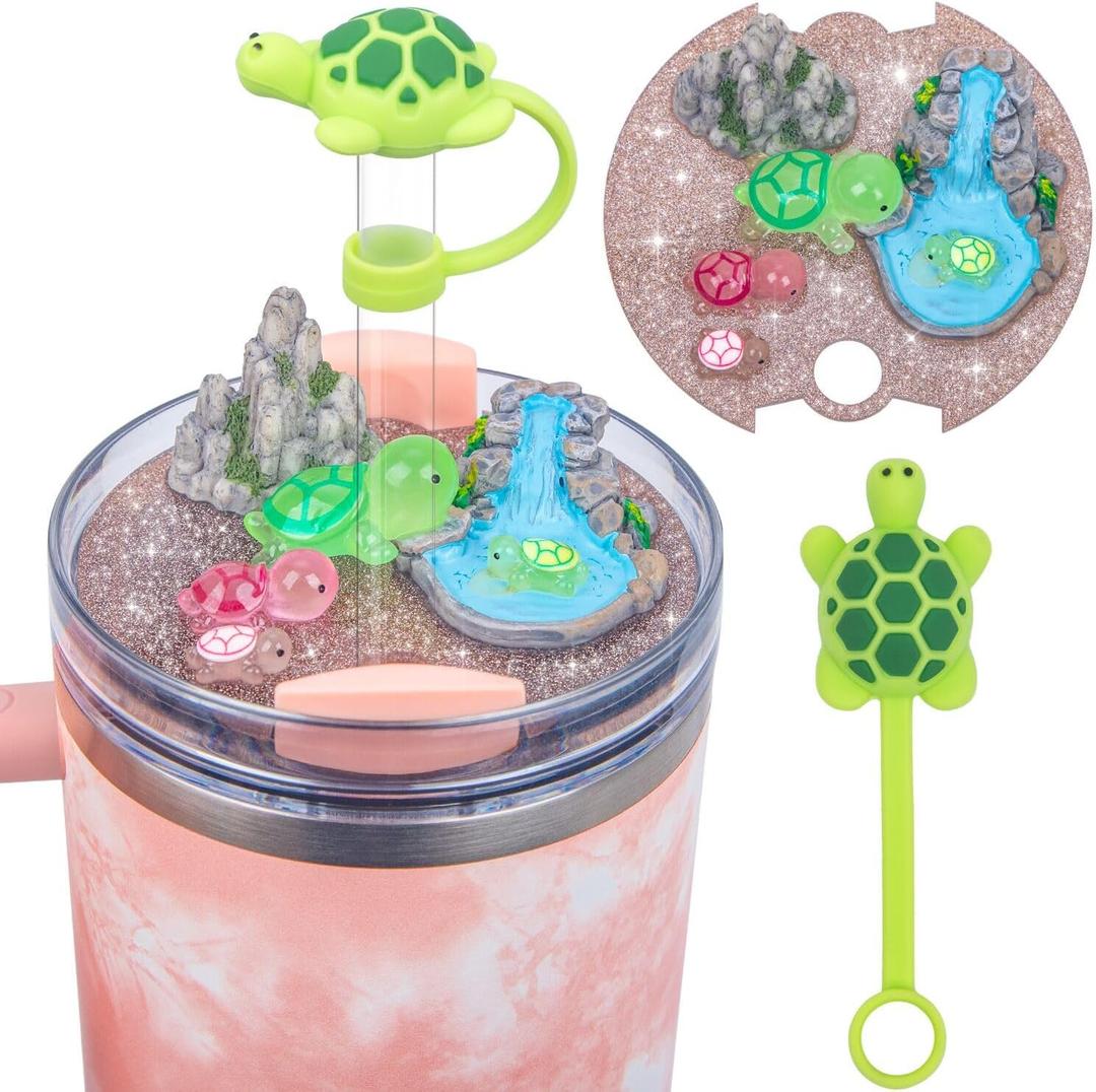 Compatible with Stanley Cup Lid Accessories Charms, Charms for Stanley Cups H2.0 Accessories 30oz 40oz with Silicone Straw Cover Cap for Tumblers (Tortoise, 30oz)