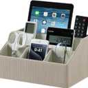 Remote Control Holder with 5 Compartments for Office Art Supplies, PU Leather Nightstand Organizer Pencil Pen Desk Caddy for Home, Desktop TV Remote Control Organizer Storage (Striped Beige)