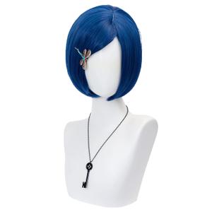 Dark Blue Bob Cosplay Wig for Women Short Straight Synthetic Wig with Key Necklace and Dragonfly Hairclip, Halloween Costume Party Cosplay Wig for Aldult (A-Dark blue)