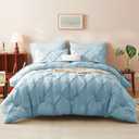 HIMEET Pintuck Bed in a Bag, 7 Pieces Full Size Comforter Set Light Blue, Pinch Pleat Bed in a Bag, Soft All Season Bedding Sets with Comforter, Flat Sheet, Fitted Sheet and Pillowcases & Shams