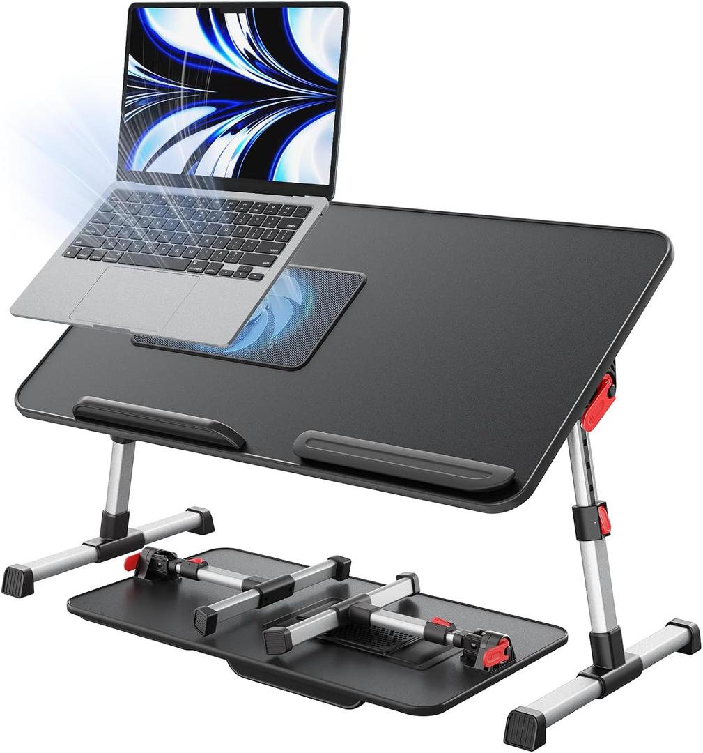 Laptop Desk for Bed with Cooling Fan, SAIJI Height & Angle Adjustable Laptop Stand for Bed, Lap Desk Tray Table, Lightweight Foldable Portable Computer Table for Couch Sofa Chair Floor Desk (Black)