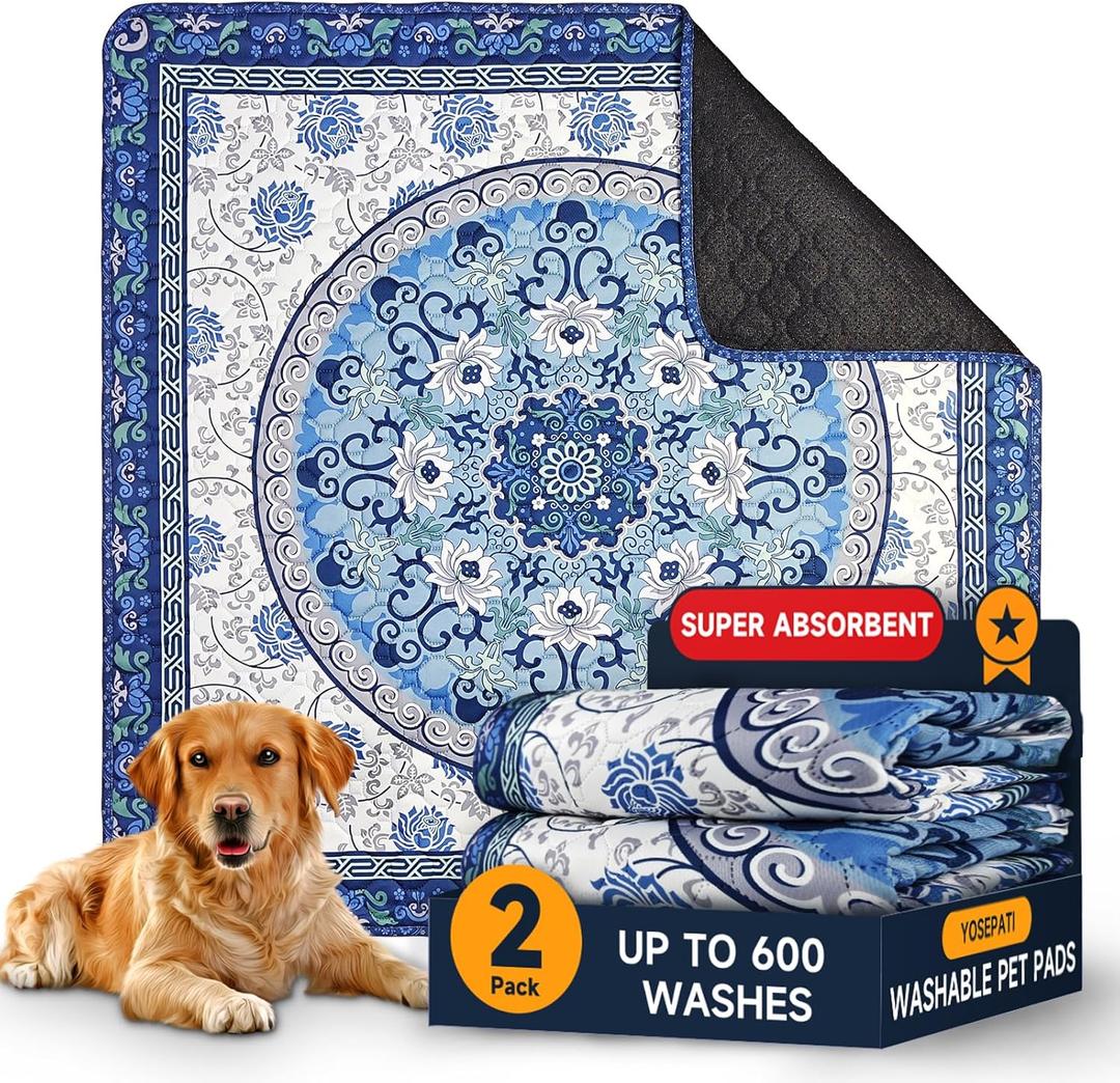 Washable Pee Pads for Dogs 2 Pack,18"x24" Waterproof Non-Slip Reusable Puppy Pad with Fast Absorbent,Leakproof Whelping Pads for Pet Housebreaking (Indigo Blue Medallion, 18"x24"(Pack of 2))