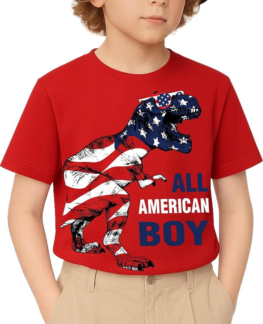 Flafens Summer Boys Shirts - Kids T-Shirt Graphic Tee Soft Cotton Crewneck Short Sleeve Tops (Red)