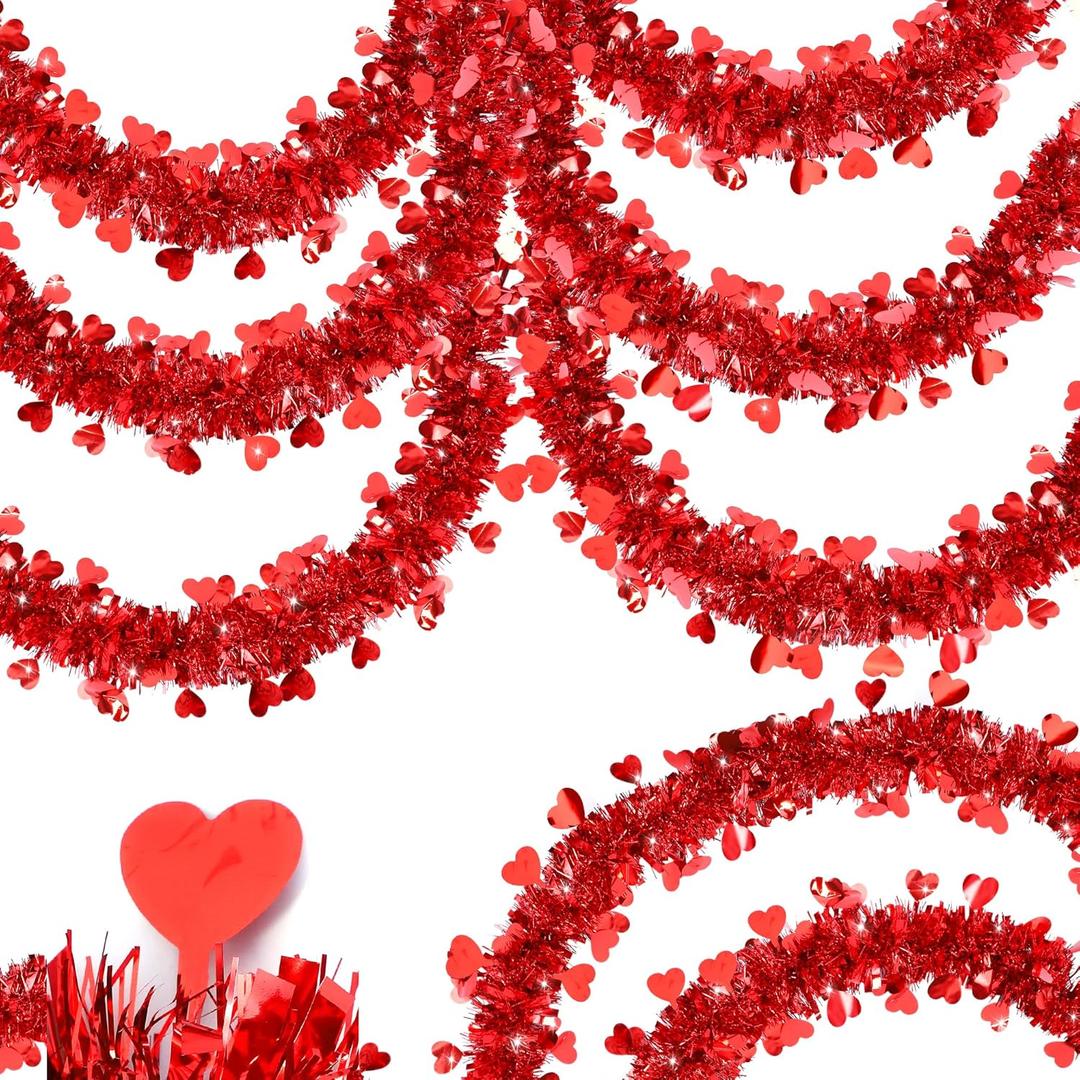 50FT Valentine's Day Decorations, Red Valentines Heart Tinsel Garland Shiny Metallic Valentines Garland for Home Tree Mantel Fireplace Stairs Outdoor Indoor Wedding Galentine's Day Decorations