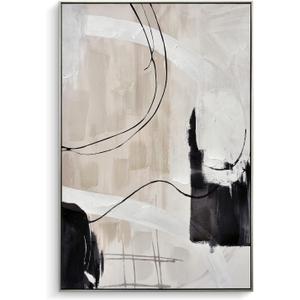 Creoate Framed Wall Art, Abstract Hand Painted Painting Textured Canvas Print Artwork Neutral Wall Art for Bedroom, Living Room Wall Decor, Ready to Hang, 32x48 Inch (Beige-Silver Framed)