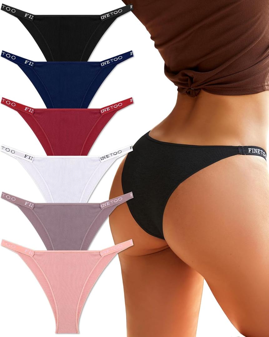 FINETOO Womens Underwear Cotton High Cut String Bikini Panties Low Rise Hipster Ladies Sexy Cheeky Underwear 6 Pack (L)