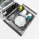 Roll Up Dish Drying Rack Over The Sink, 304 Stainless Stee Dish Drainer, Foldable & Adjustable Sink Drying Rack for Kitchen Sink Counter with Utensil Holder (Gray, Expandable)