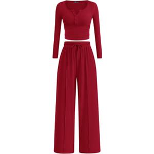 PRETTYGARDEN Women's 2026 Fall Trendy 2 Piece Outfits Lounge Sets Long Sleeve Top Henley Shirts Wide Leg Pants Travel Clothes (Large, Red)