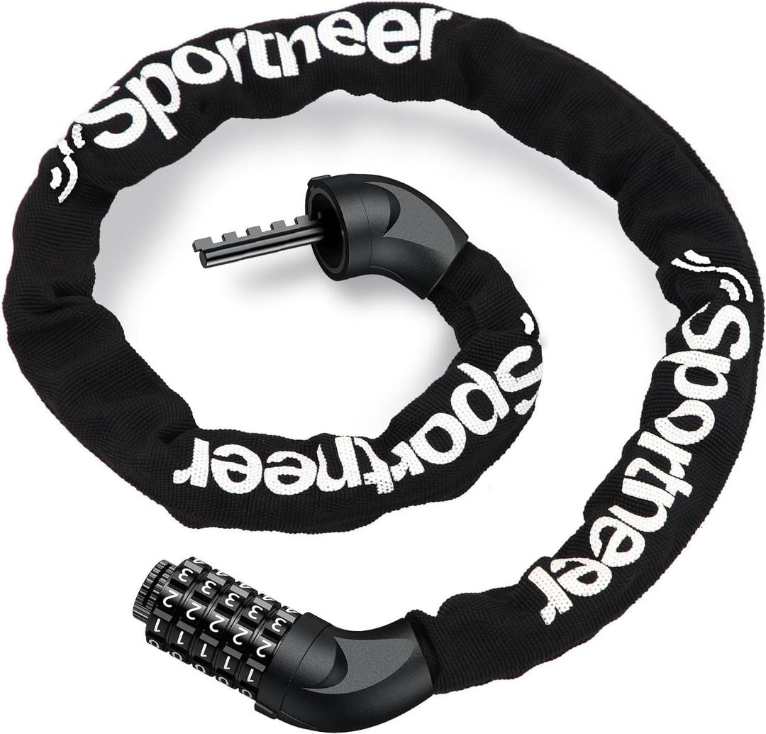 Sportneer Bike Lock: 5 Digit Combination High Security Anti Theft Bike Chain Lock - 3.2/3.6/4ft Heavy Duty Keyless Bicycle Lock for Bike, Motorcycle, Scooter, Door & Gate - 4/6mm Thick, Easy to Use (Black)