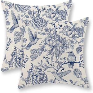 Blue Pillow Covers 18x18 Inch Set of 2 Blue and Cream Chinoiserie Bird Floral Throw Pillows Outdoor Decor Vintage Hummingbird Flower Pillow Cases Linen Decorative Cushion Case for Couch Sofa